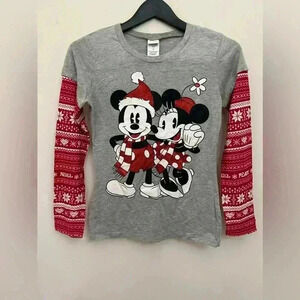 Disney Christmas Mickey Minnie Shirt Junior Sparkly Gray Long Sleeve Size M 7/9